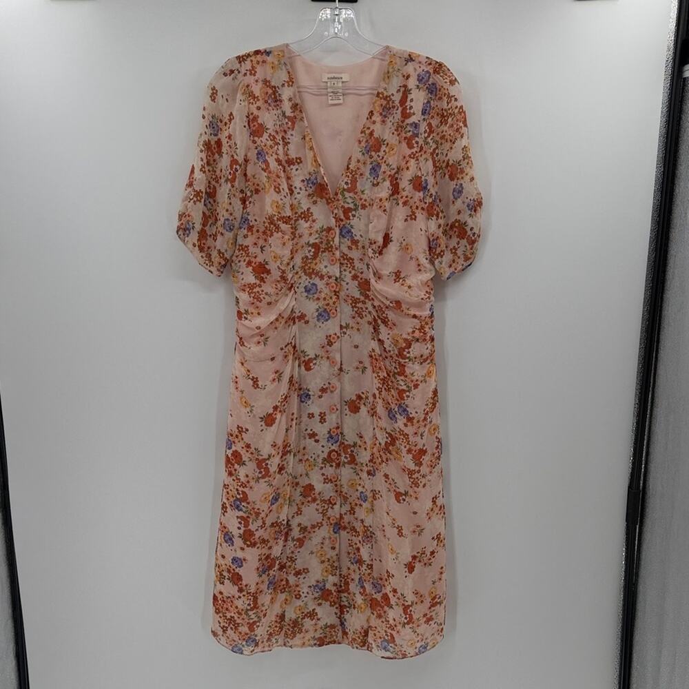 Sundance Women's Catalog Peach Floral Print 100% Silk Ruffle Midi Dress - 6 - Picture 1 of 7